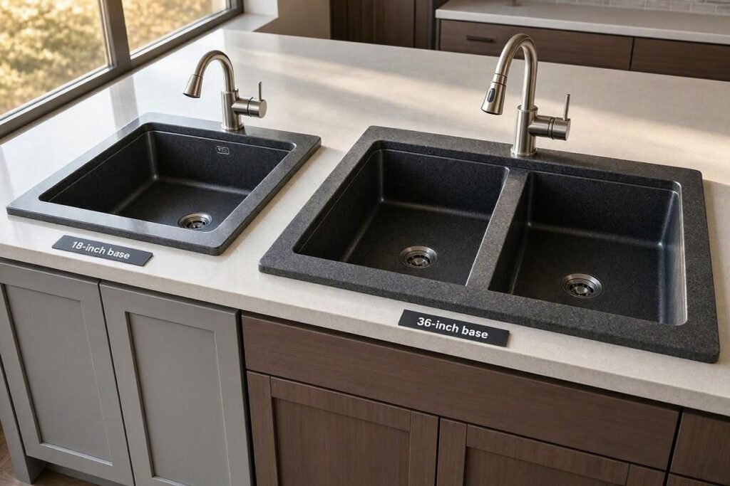 compact and large granite composite sinks for different cabinet sizes