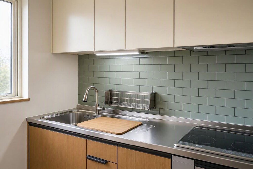 compact kitchen sink placement with usable counter space