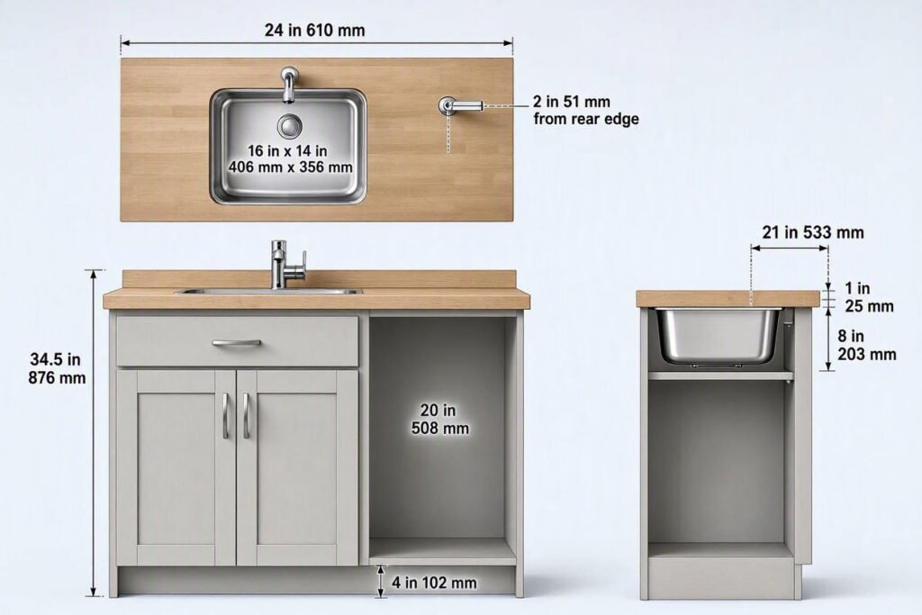 compact single bowl sink cabinet size measurement