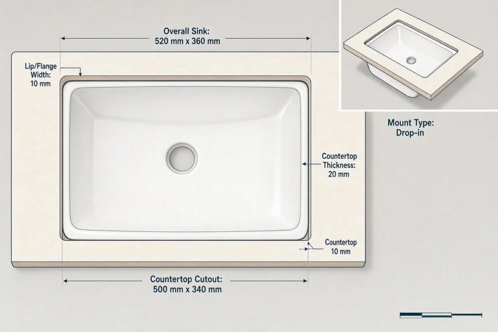 compact sink countertop cutout measurement compared with overall sink dimensions