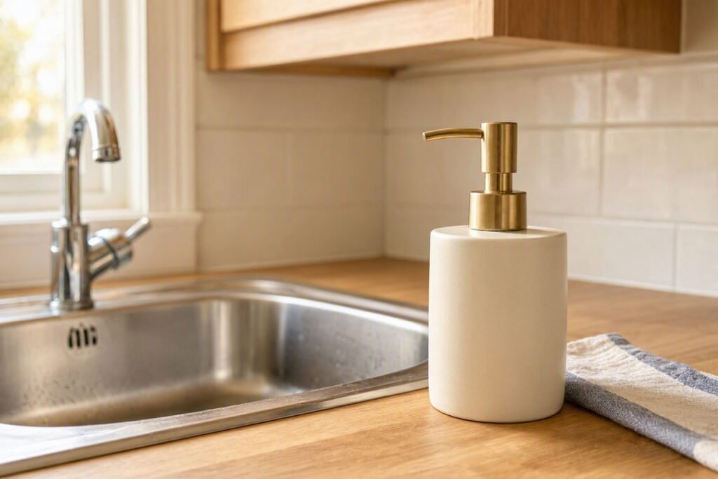 compact soap dispenser beside a small kitchen sink