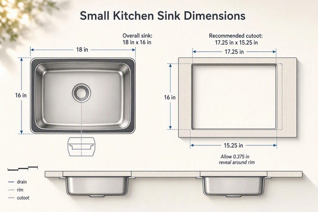 diagram comparing small kitchen sink dimensions with countertop cutout measurements