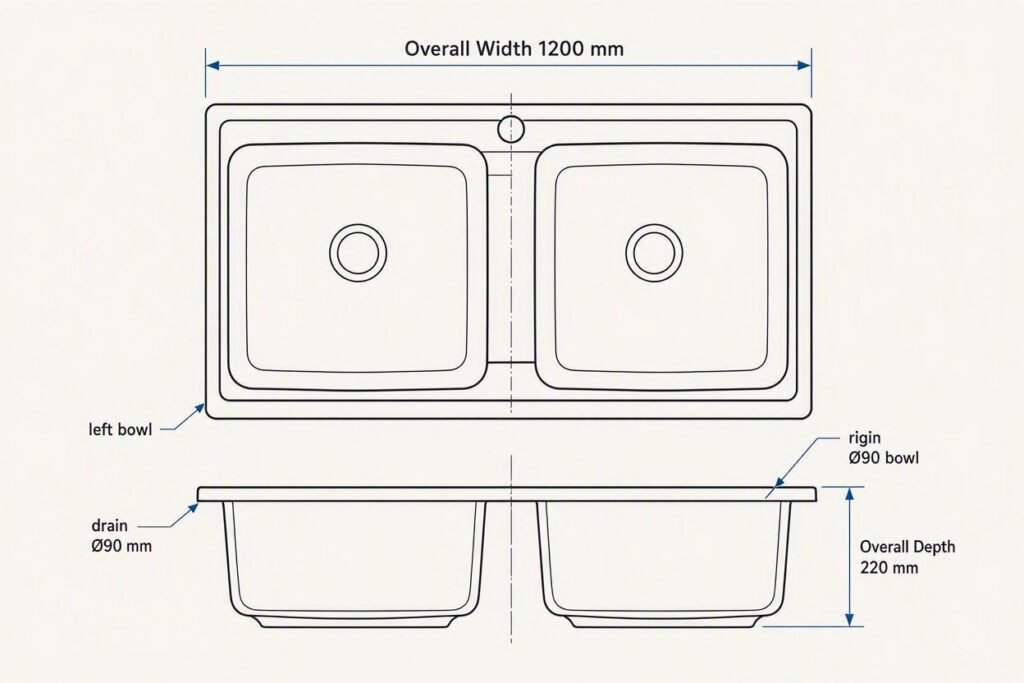diagram showing overall width and depth of a double bowl kitchen sink