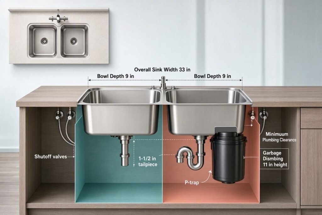double bowl sink depth and plumbing clearance inside a kitchen