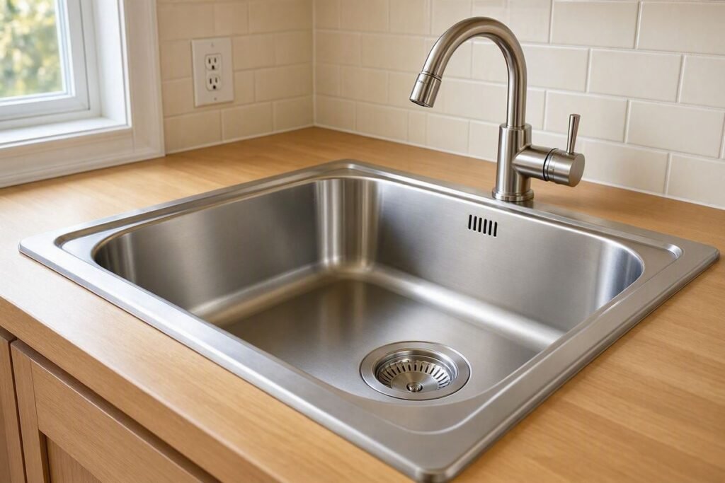 drop-in kitchen sink installation with rim resting on countertop
