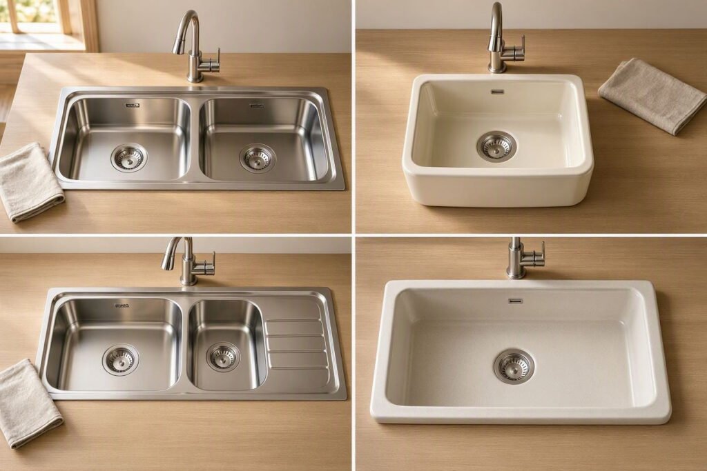 examples of compact kitchen sinks in stainless steel and fireclay
