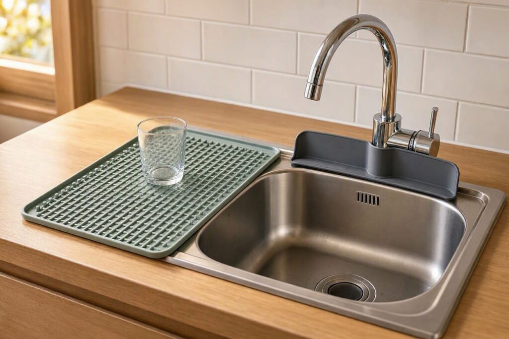 faucet splash guard and draining mat for small kitchen sink