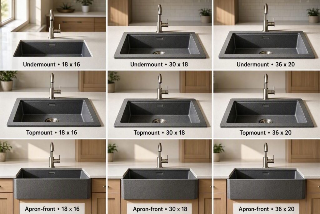 granite composite sink options in different sizes and installation styles