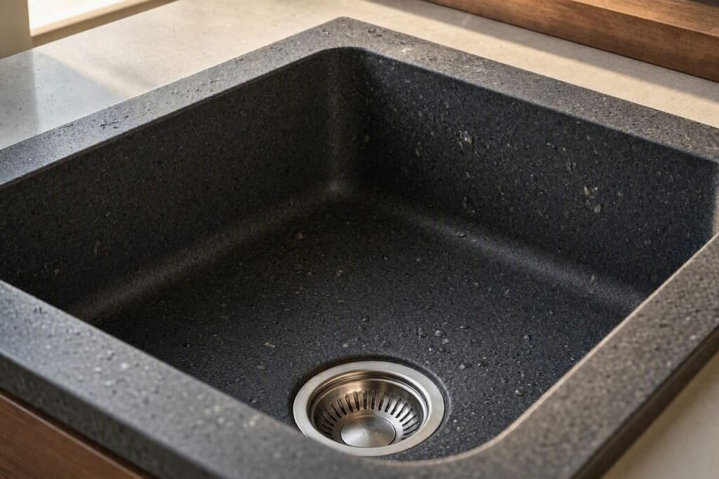 granite composite sink surface with stone-like texture