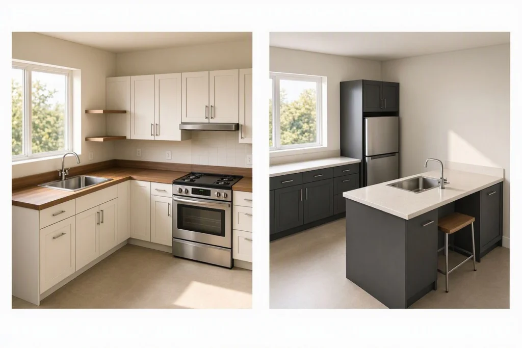 L-shaped and small island kitchen sink layouts