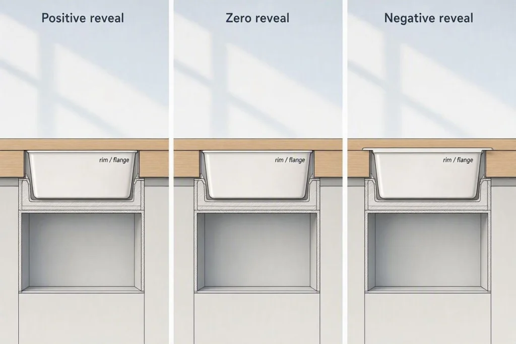 Undermount sink positive zero and negative reveal diagram