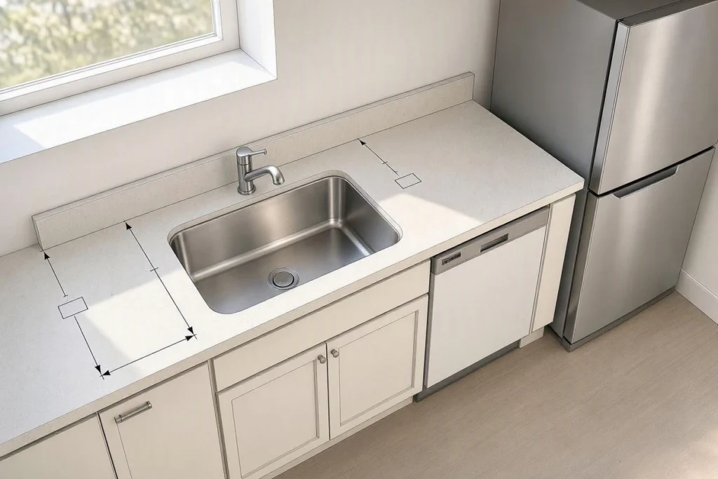 Measuring cabinet and counter space for a small kitchen sink layout