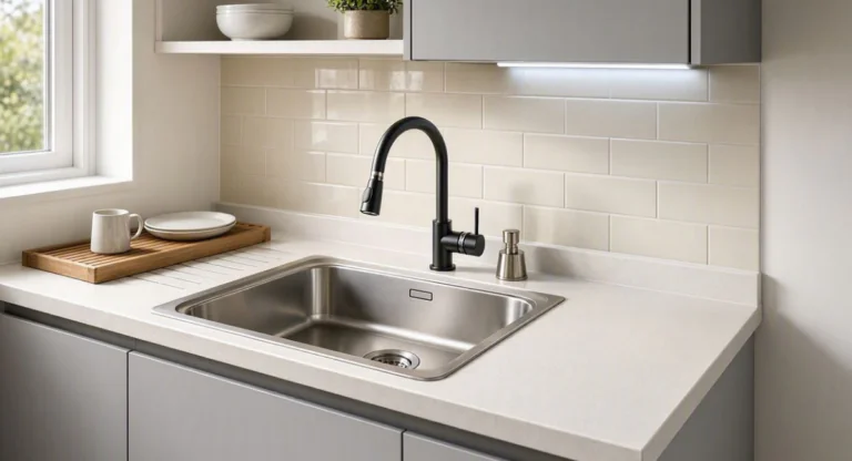 Realistic compact kitchen featuring a clearly visible shallow single-bowl kitchen sink.