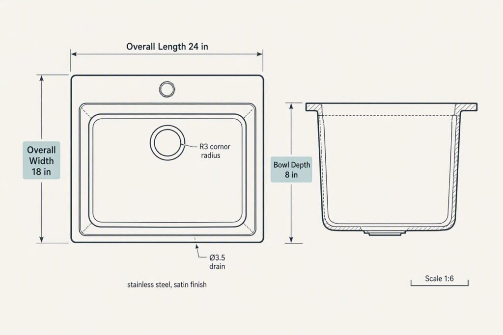 single bowl compact sink dimensions showing overall length width and bowl depth