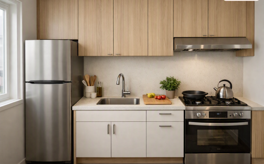 Small kitchen sink placed along the main counter