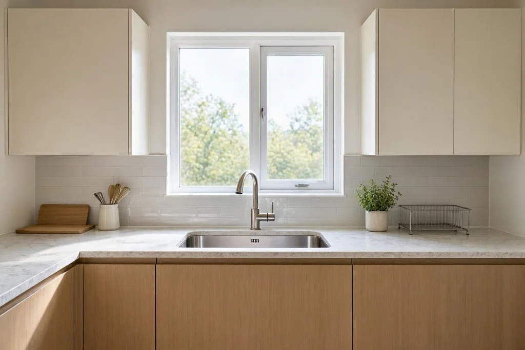 Small kitchen sink layout under a window