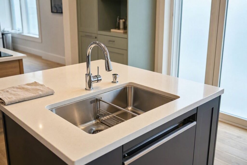 small bar sink installed in a kitchen island
