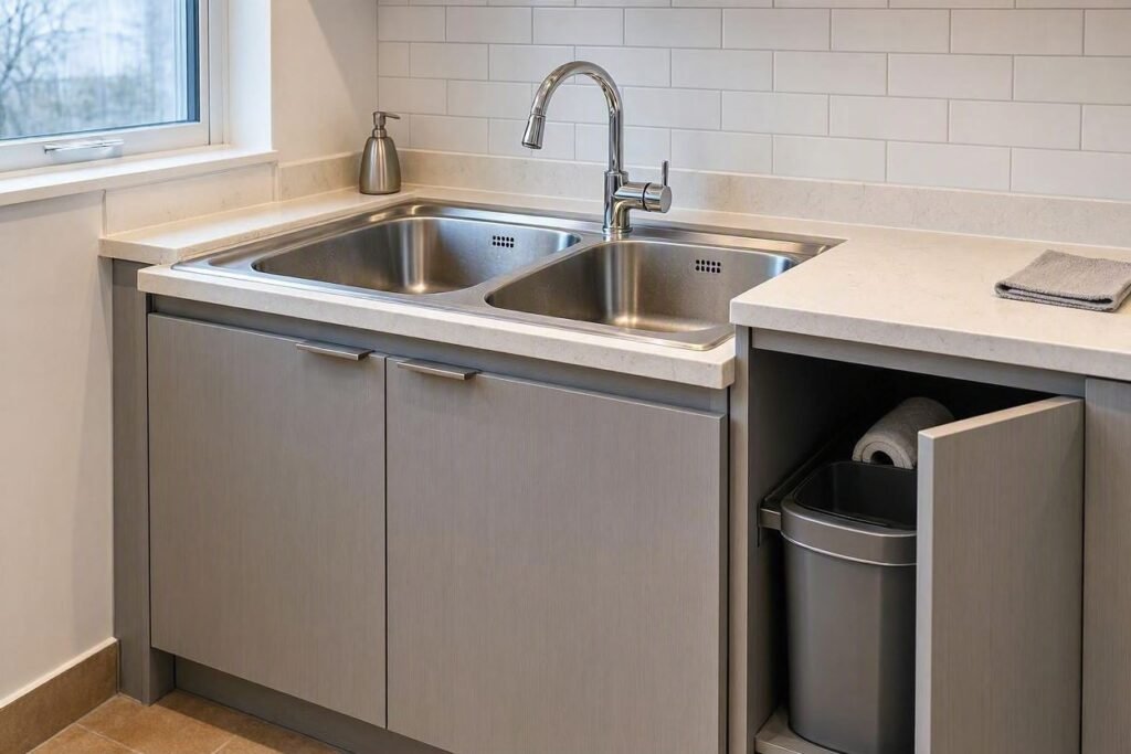 small double bowl sink fitted into a compact kitchen cabinet