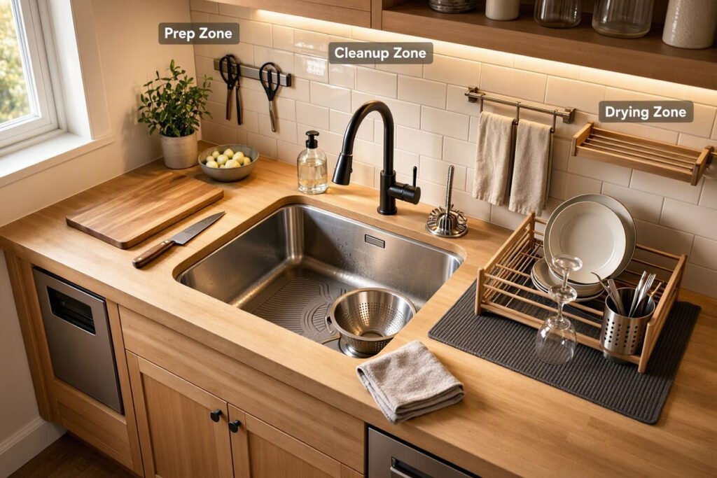 small kitchen sink work zones for prep cleanup and drying