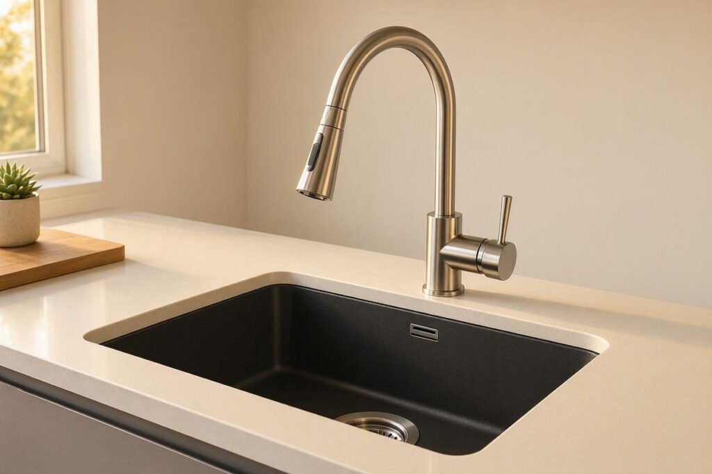 streamlined faucet with a modern small kitchen sink