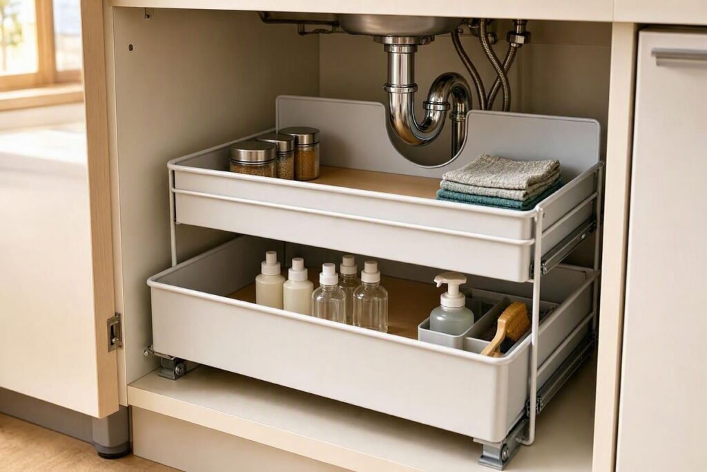 two-tier under-sink organizer for small kitchen storage