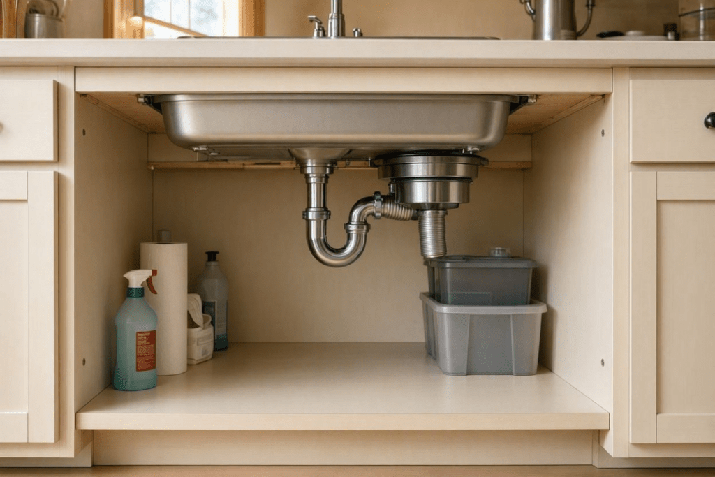 under-sink clearance with a shallow kitchen sink