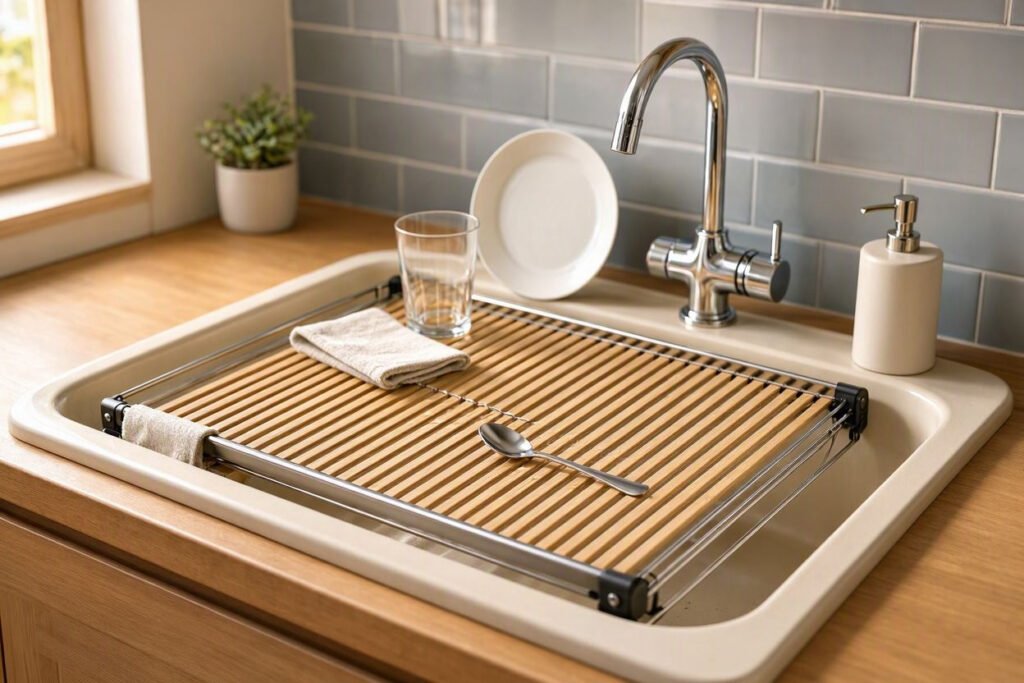roll-up dish drying rack over a small kitchen sink